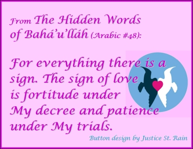 From "The Hidden Words of Baha'u'llah" (Arabic #48): For everything there is a sign. The sign of love is fortitude under My decree and patience under My trials. #Fortitude #Patience #bahaullah
